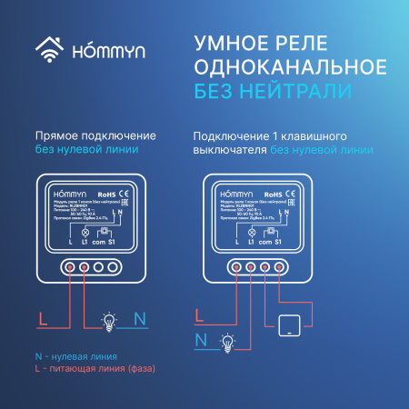 Модуль реле HOMMYN zigbee 1 канал (без нейтрали) RLZBNN01